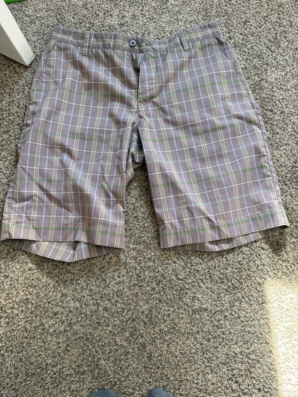 Men's Adidas Plaid Cotton Blend Shorts - Gray with Green & Blue Accent